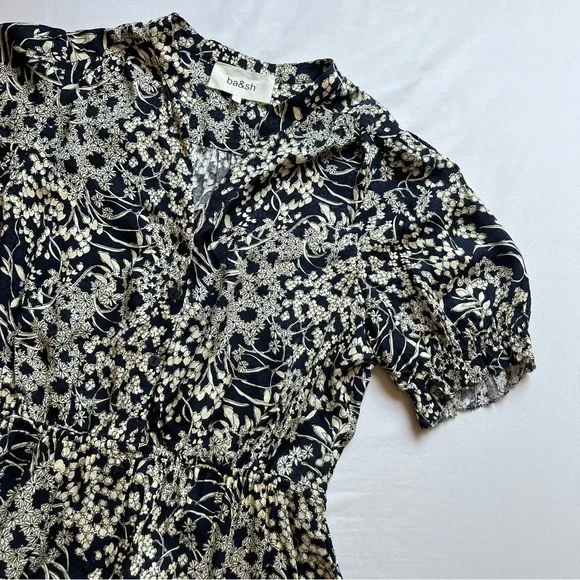 BA&SH black cream floral short puff sleeve button up mini dress - Picture 3 of 7